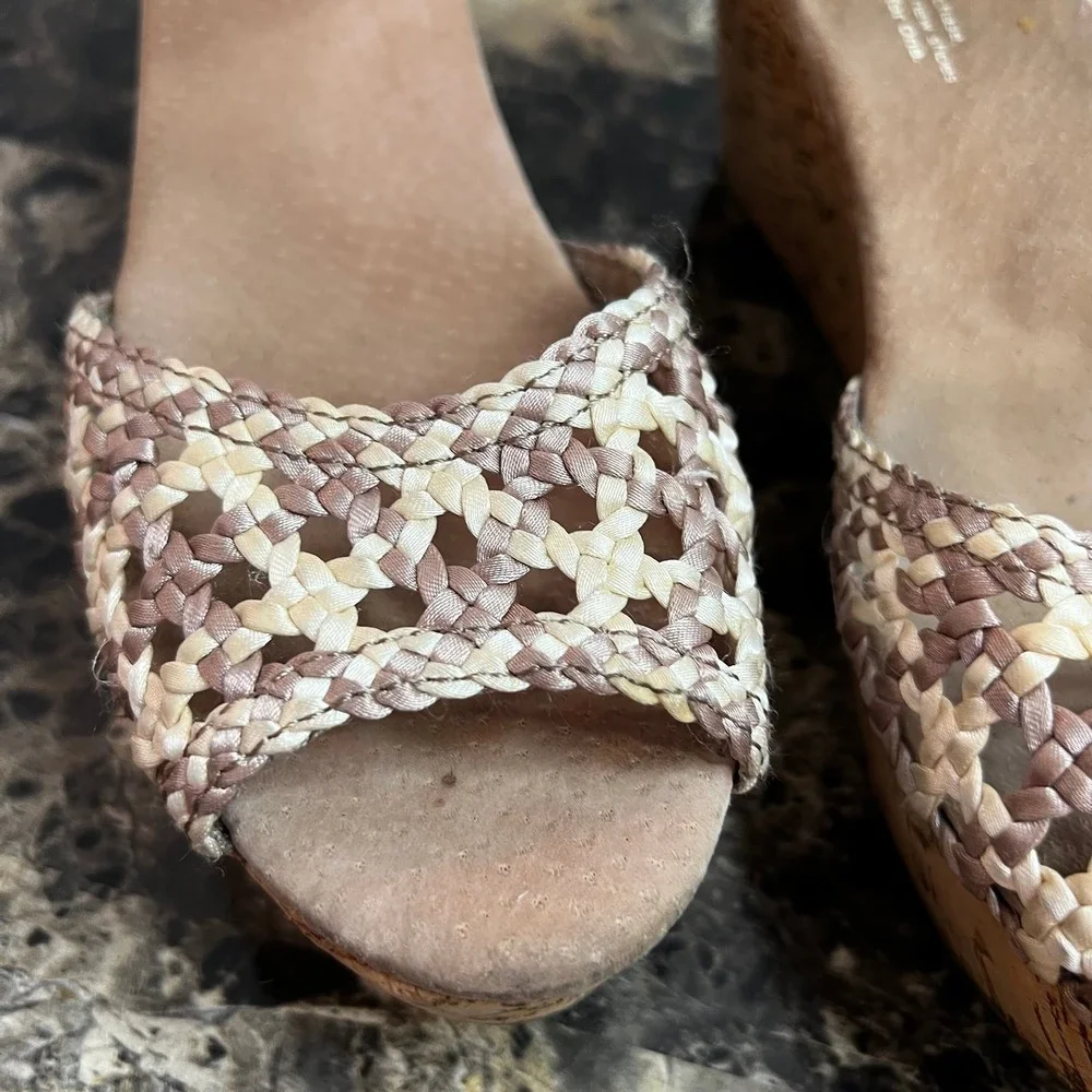 TOMS Platform Wedge Tan Stucco‎ Suede Woven Open Toe Cork Sandals Womens US 8
